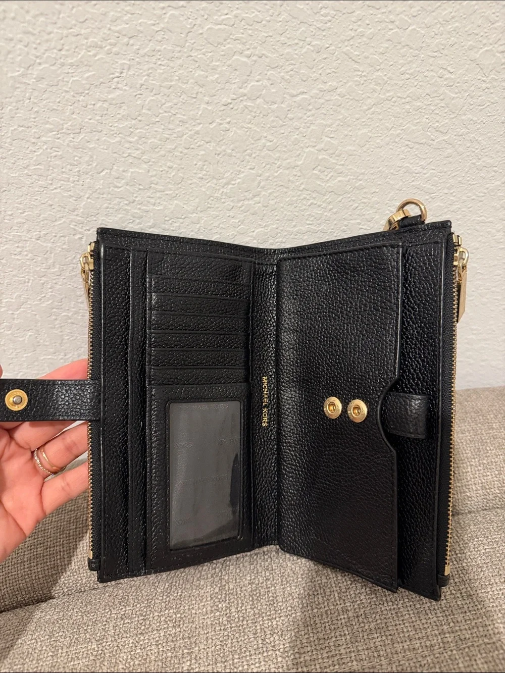 Michael Kors Black Leather Wristlet Clutch with Gold Hardware